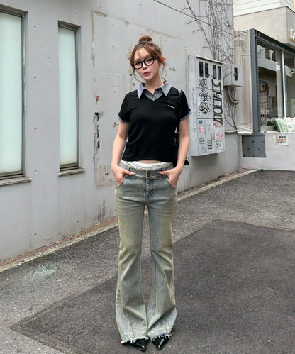 胸部刺繡 合身版型 帶領V領設計 T恤