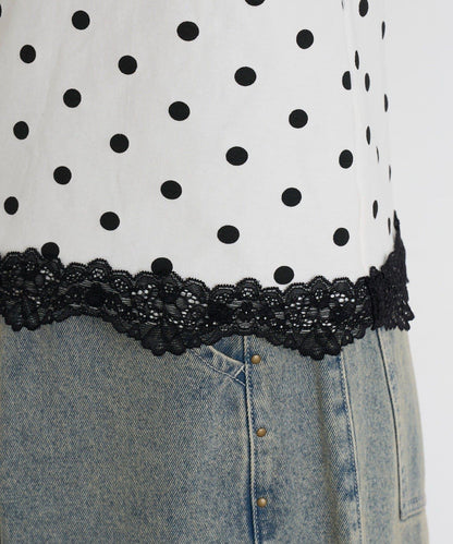 波點格紋圖案 掛脖蕾絲 T恤