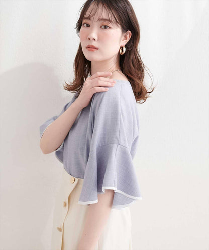 亞麻感混紡 荷葉袖 女式襯衫