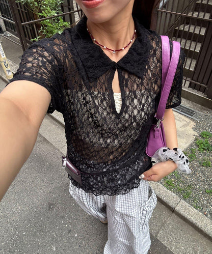 蕾絲Polo短袖上衣