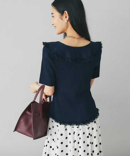 【La boutique BonBon】翻領蕾絲飾邊金釦針織衫