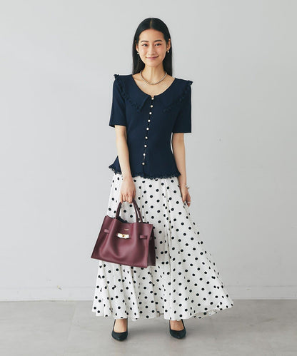 【La boutique BonBon】翻領蕾絲飾邊金釦針織衫