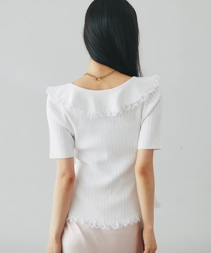 【La boutique BonBon】翻領蕾絲飾邊金釦針織衫