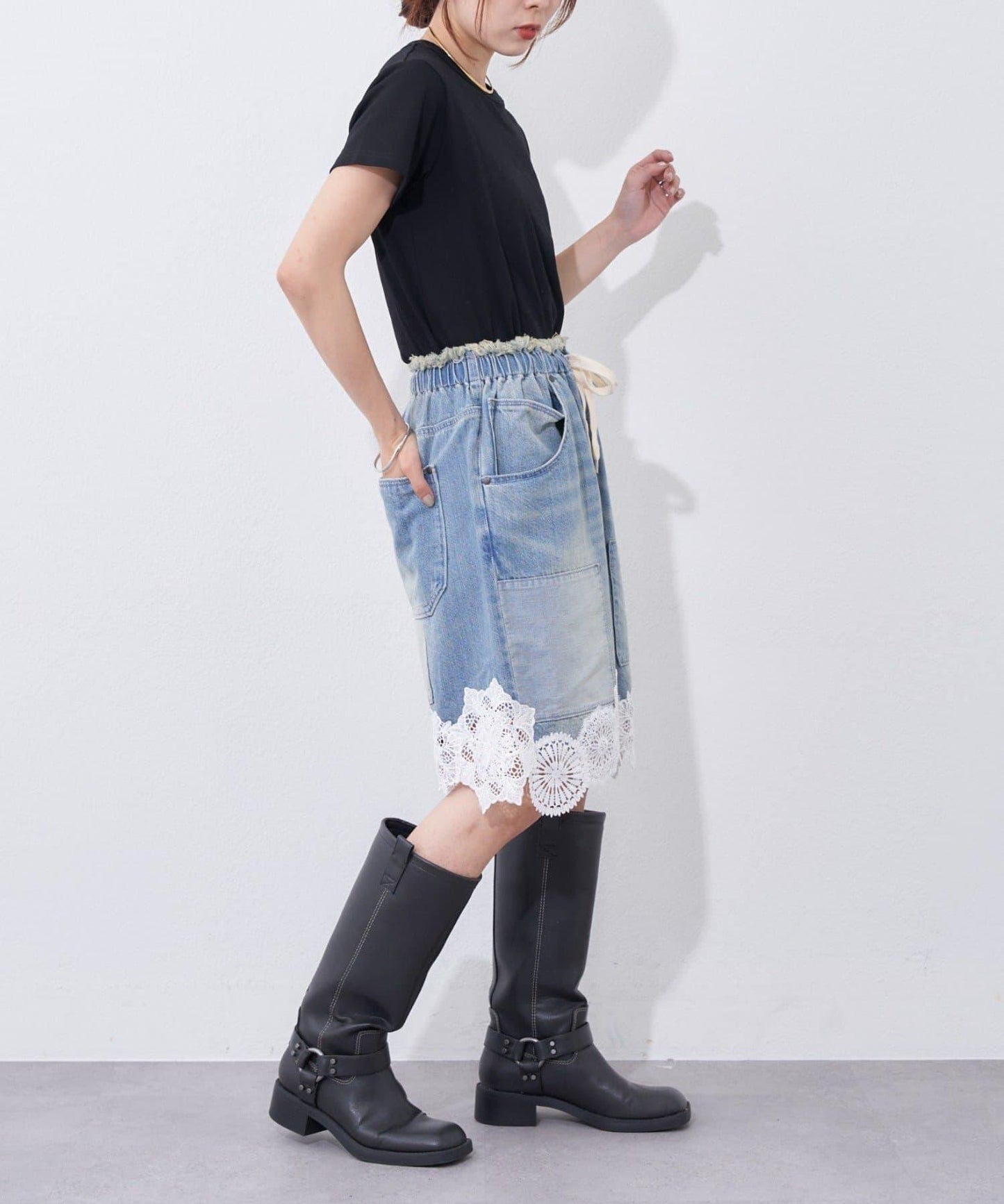 etsinta 下襬蕾絲 休閒牛仔短褲