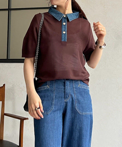 牛仔拼接領口套頭上衣