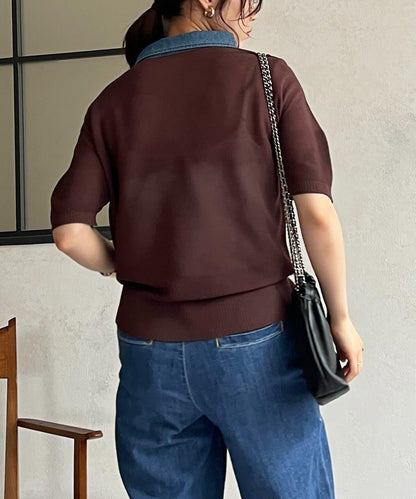 牛仔拼接領口套頭上衣