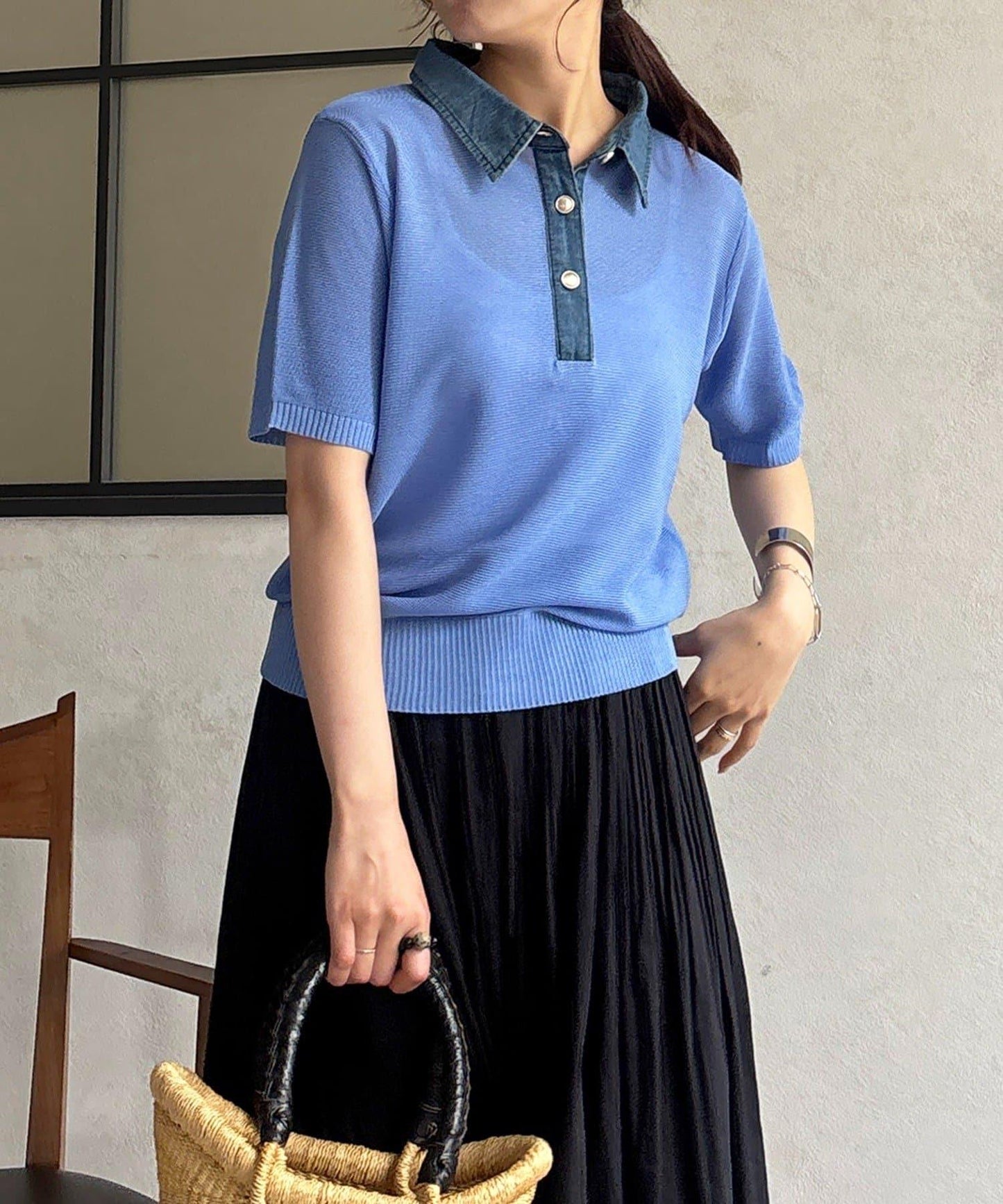 牛仔拼接領口套頭上衣