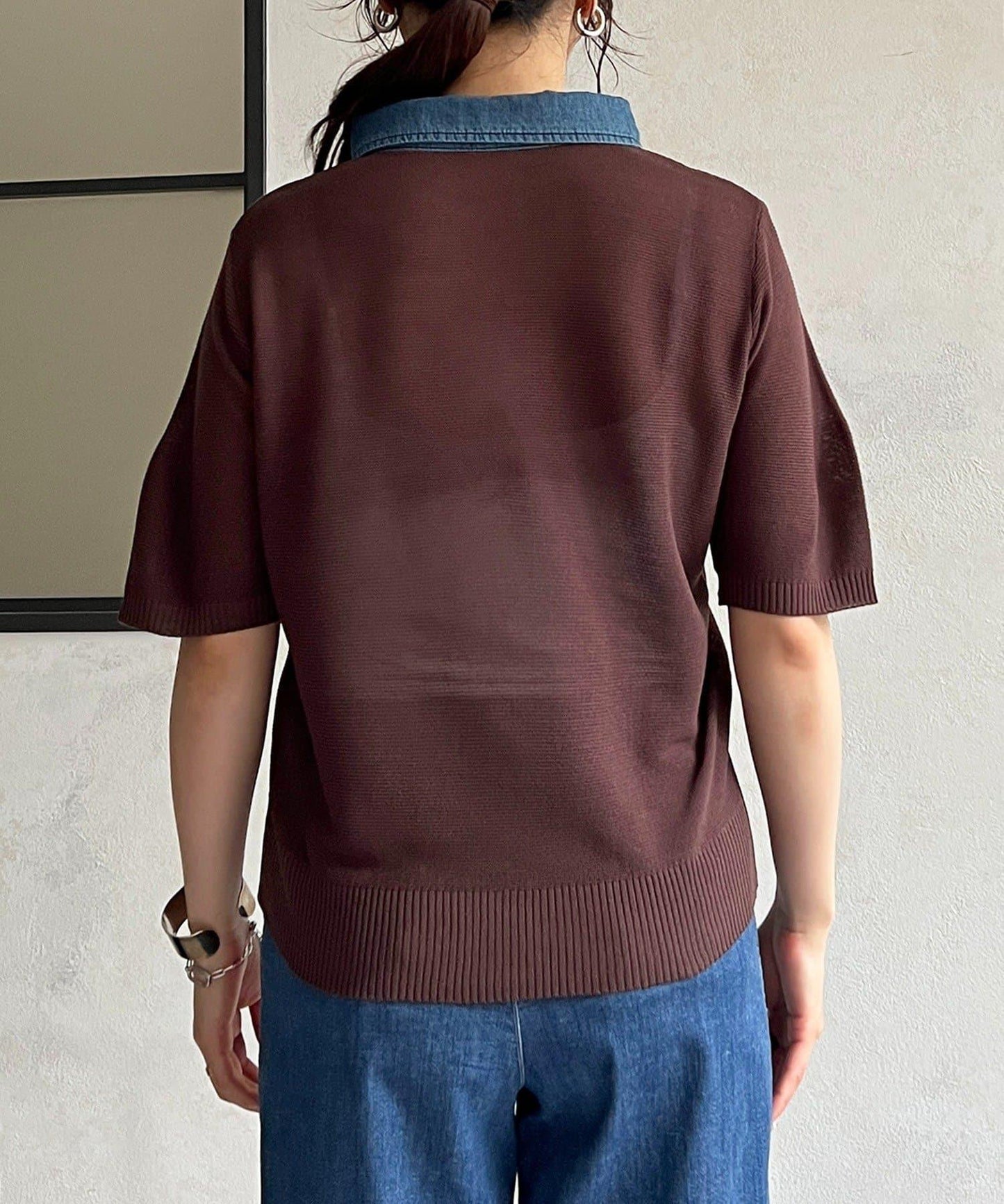 牛仔拼接領口套頭上衣