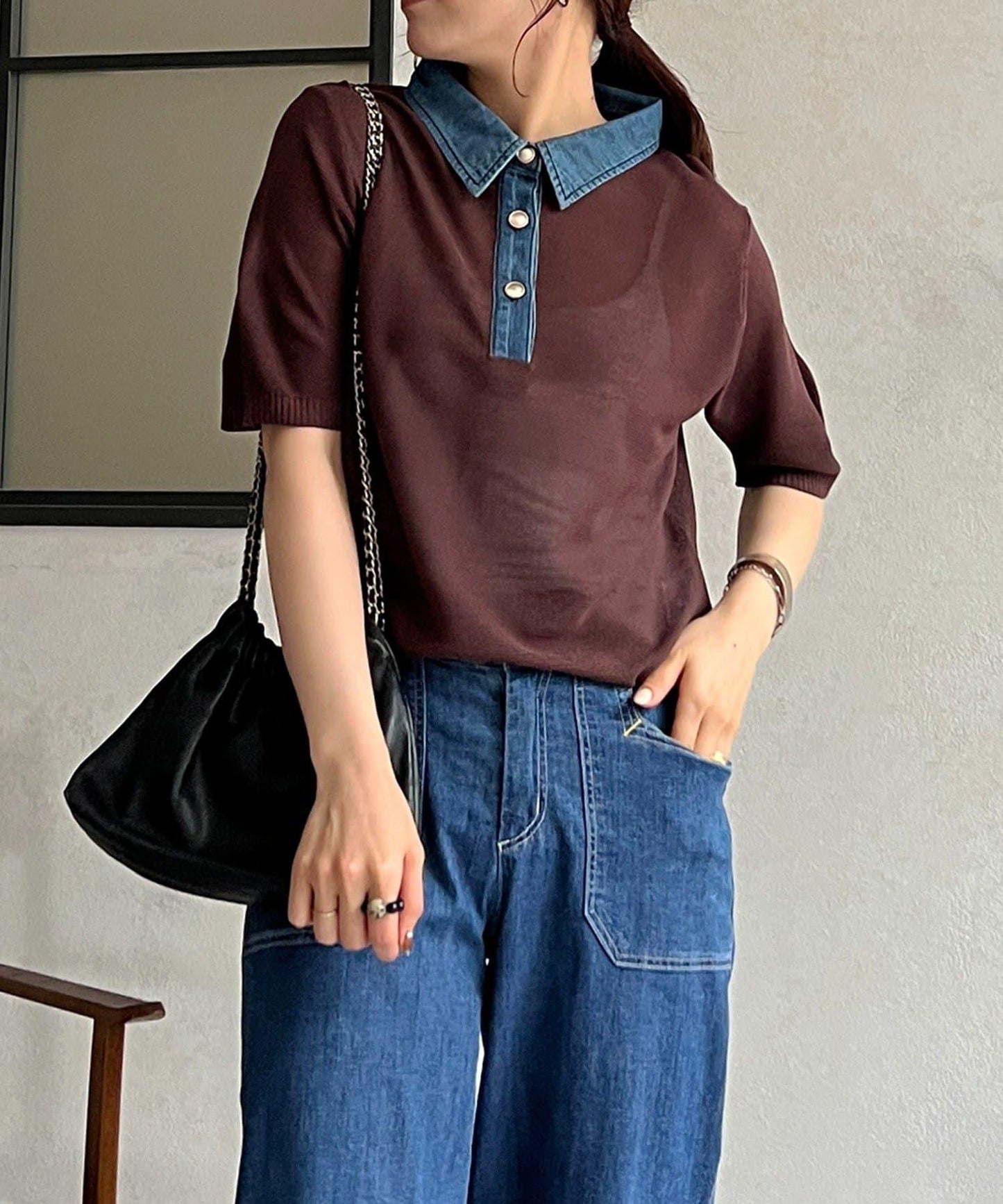 牛仔拼接領口套頭上衣