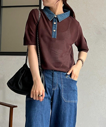 牛仔拼接領口套頭上衣