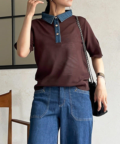 牛仔拼接領口套頭上衣