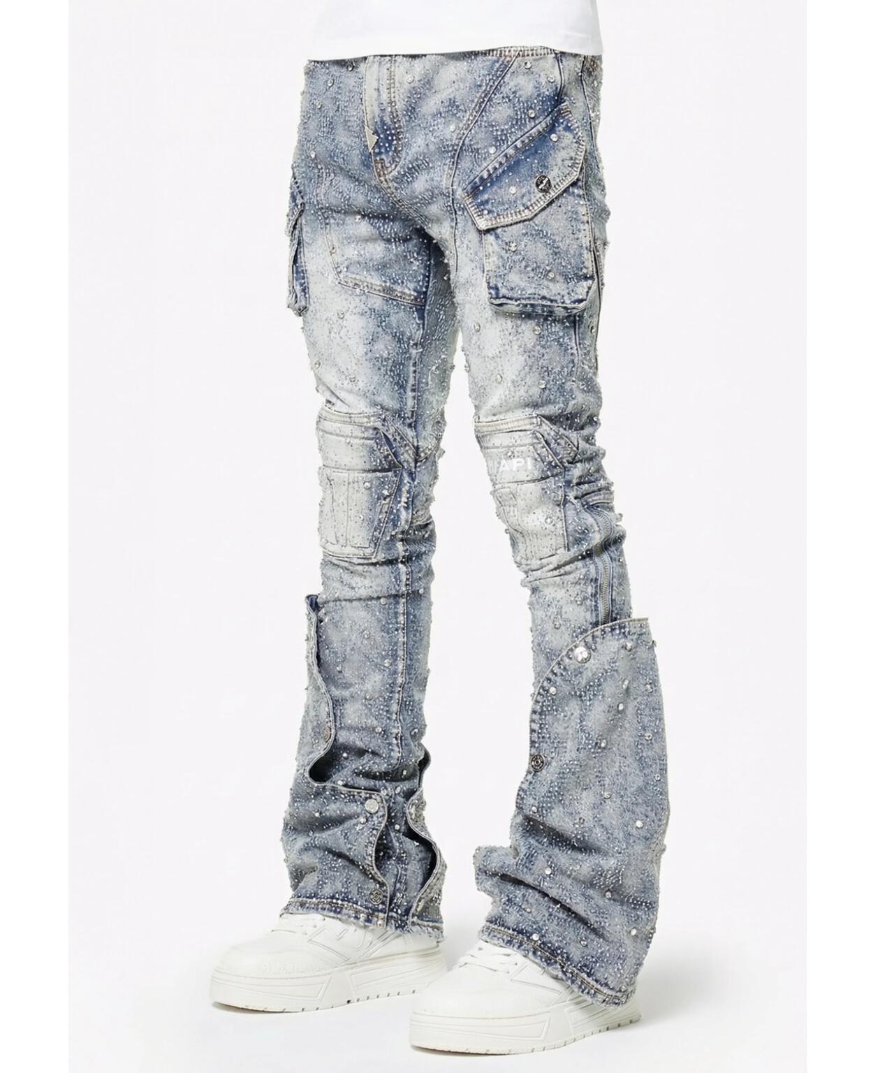 GUAPI Aqua Blue Coffin Arc Embellished Denim 牛仔褲