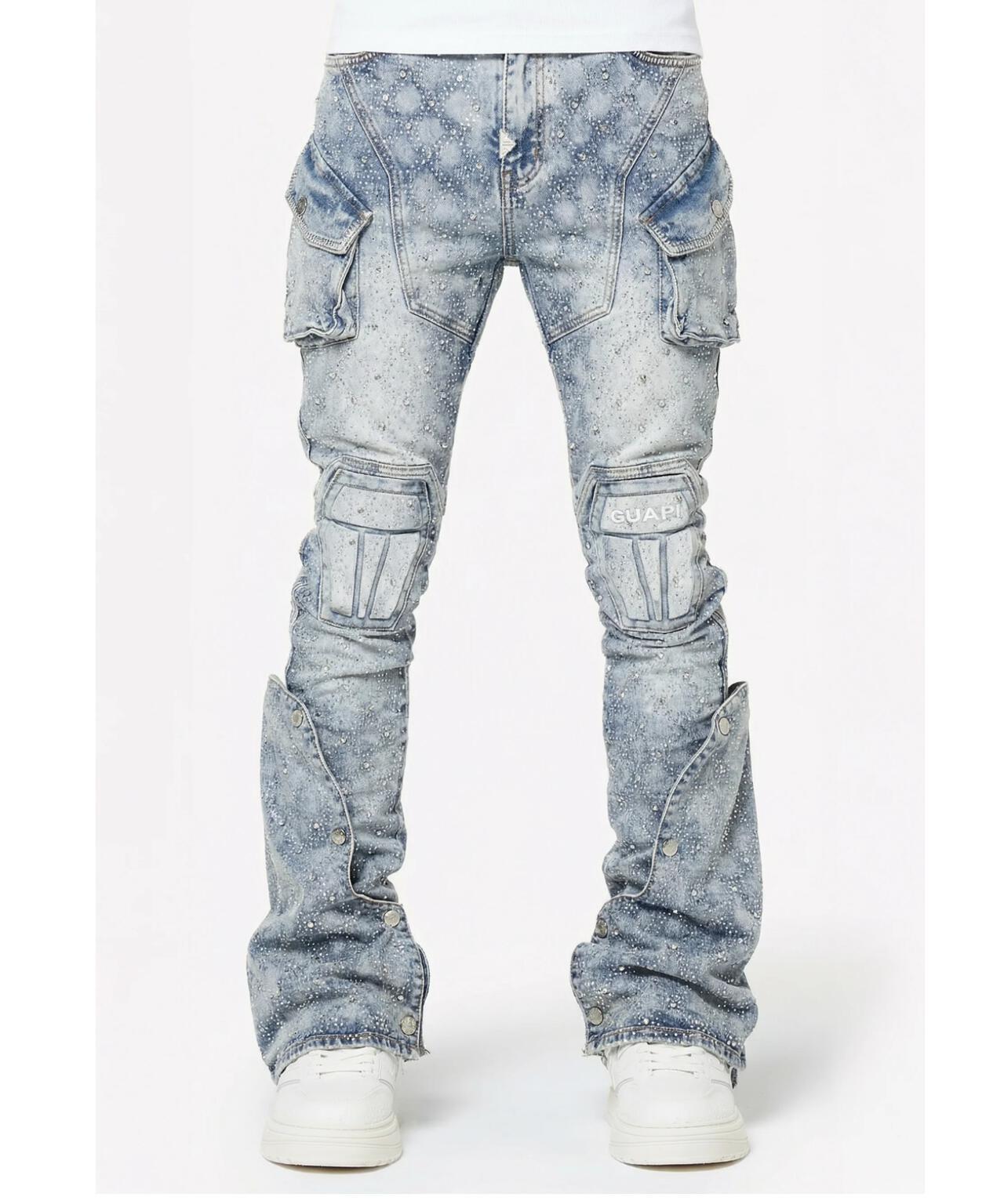GUAPI Aqua Blue Coffin Arc Embellished Denim 牛仔褲
