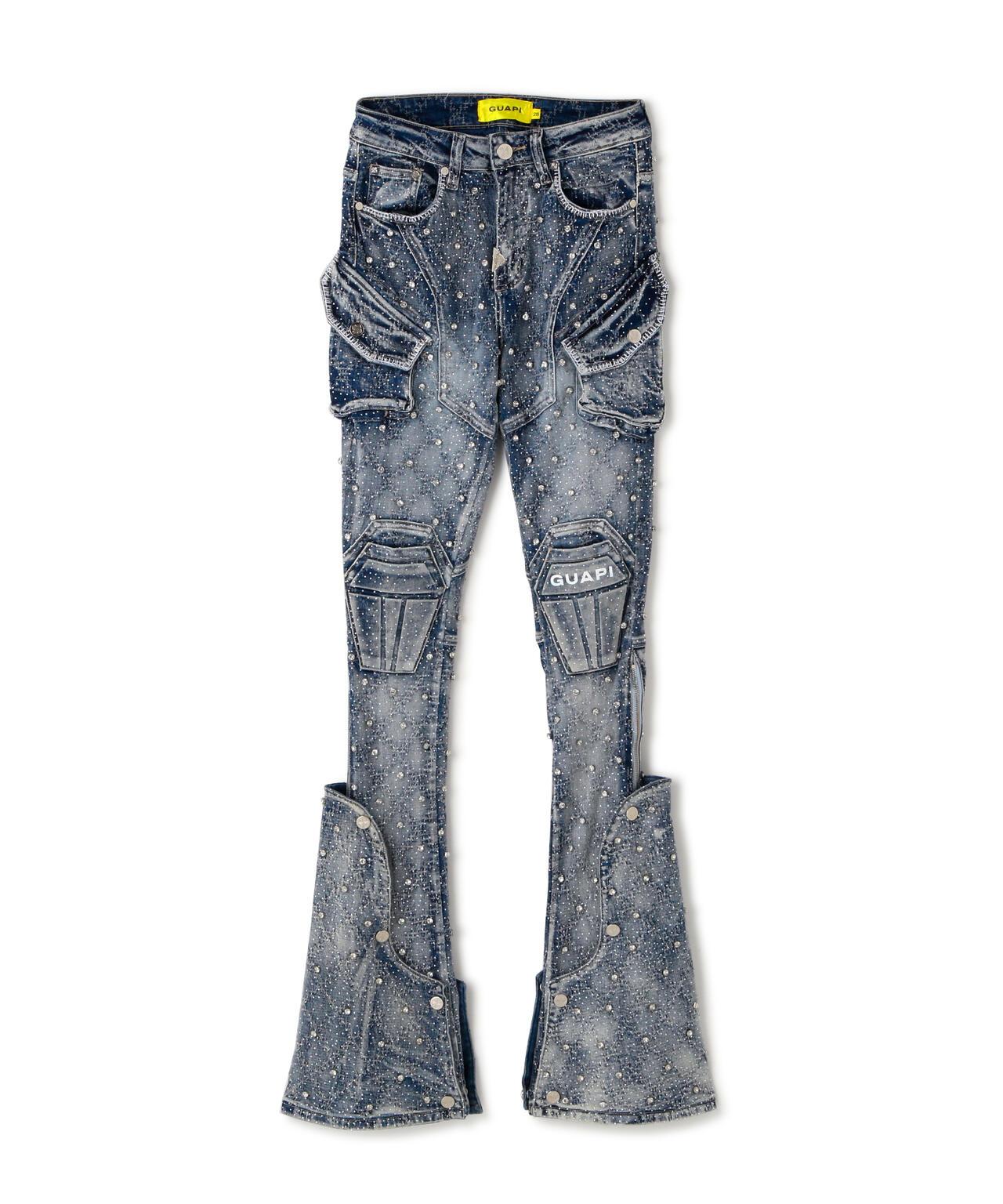 GUAPI Aqua Blue Coffin Arc Embellished Denim 牛仔褲
