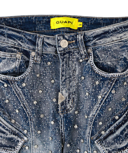 GUAPI Aqua Blue Coffin Arc Embellished Denim 牛仔褲