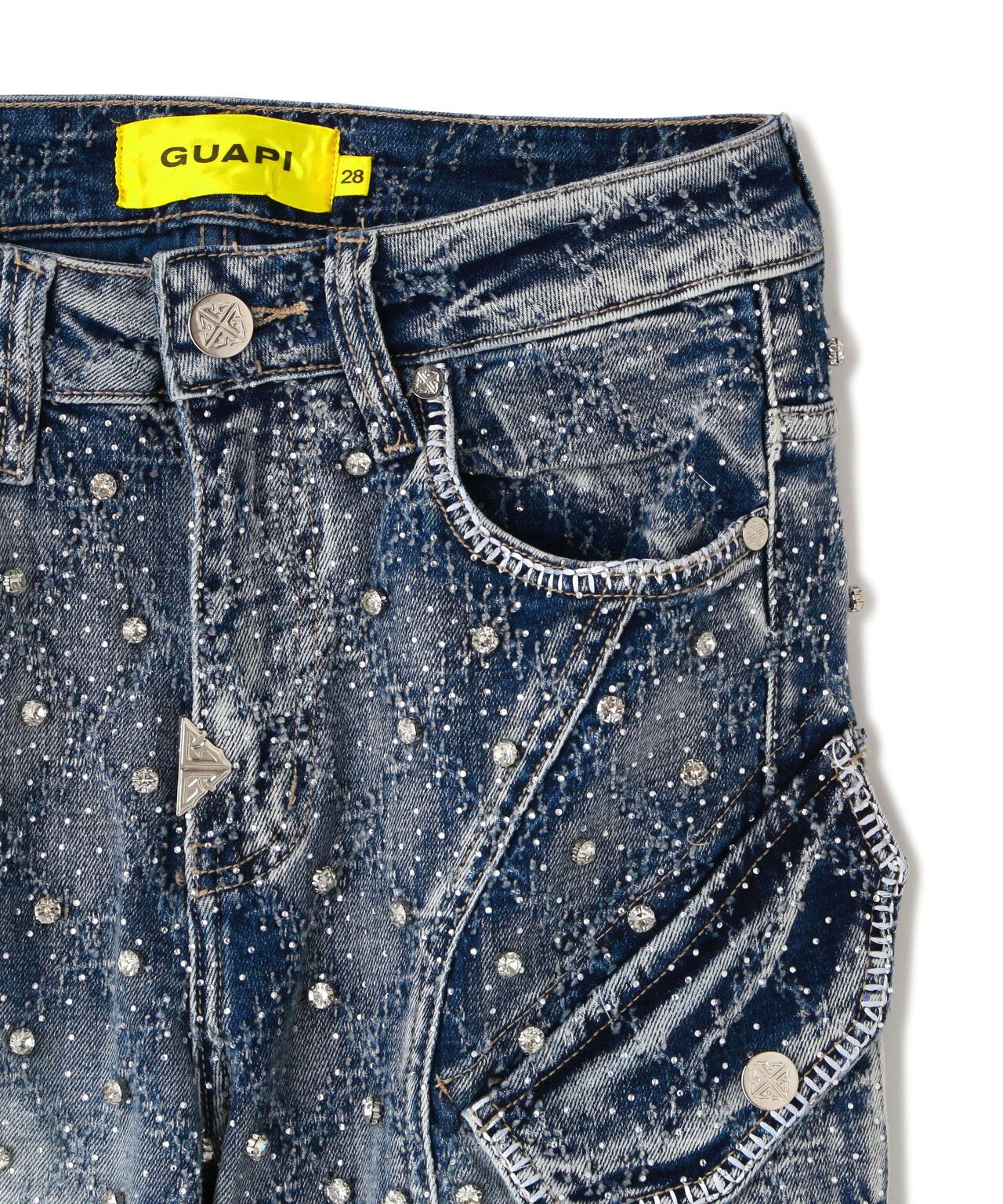 GUAPI Aqua Blue Coffin Arc Embellished Denim 牛仔褲