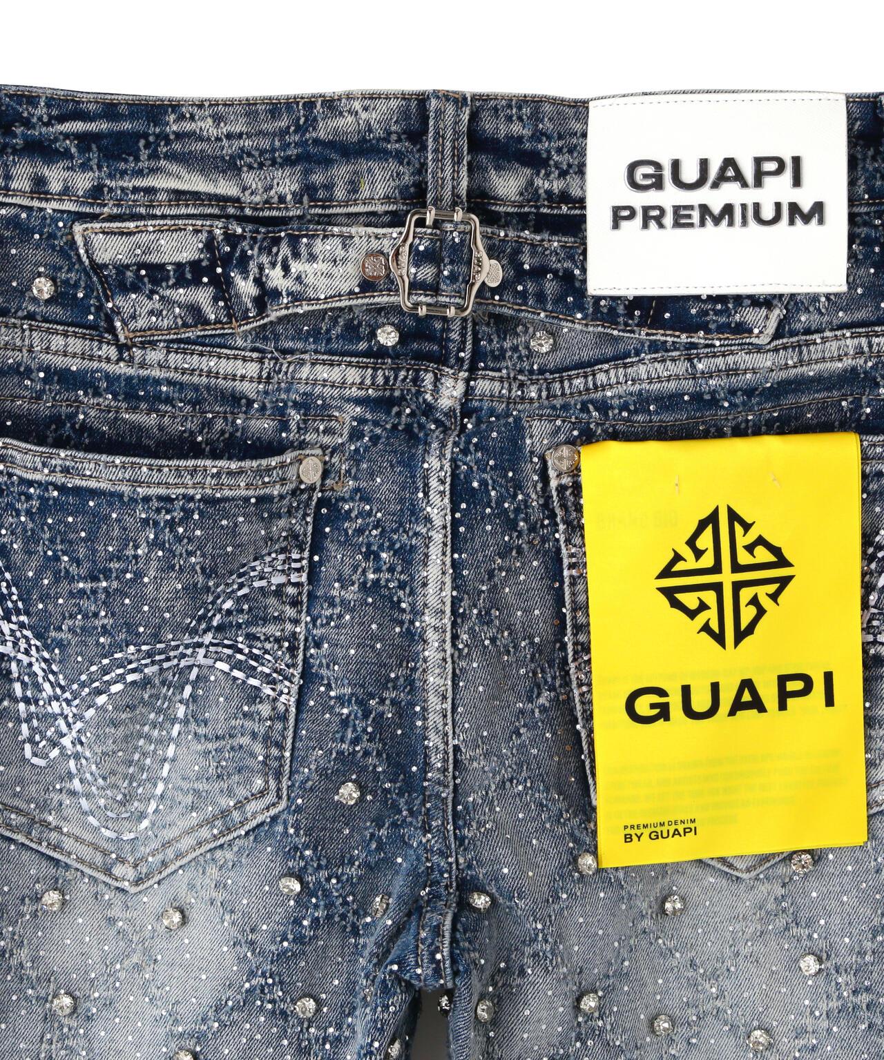 GUAPI Aqua Blue Coffin Arc Embellished Denim 牛仔褲