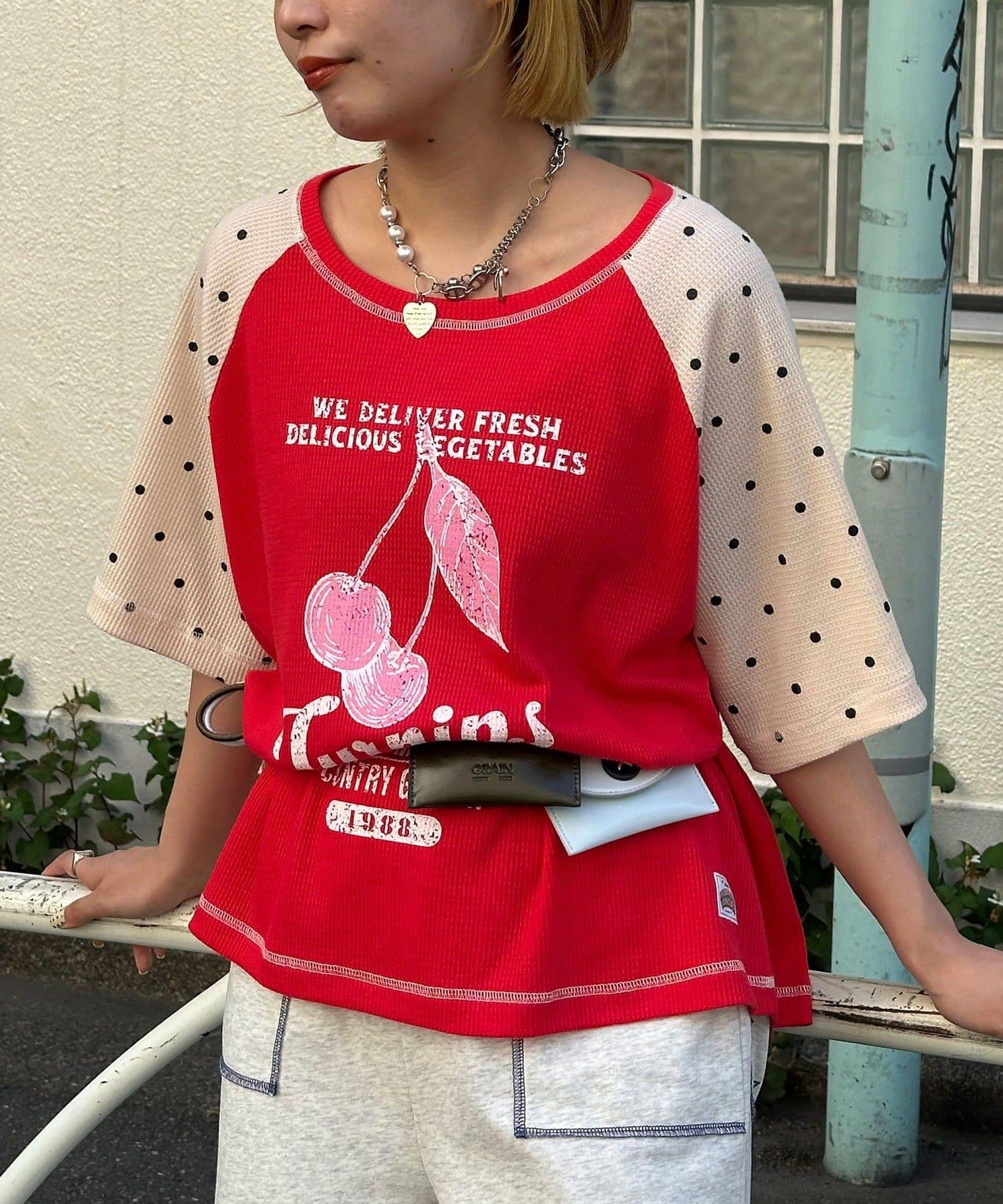 HELLO.SANFRANCISCO/ハローサンフランシスコ 華夫格插肩波點短袖T恤