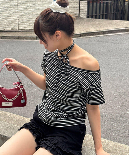 條紋頸環套裝T恤（網絡）