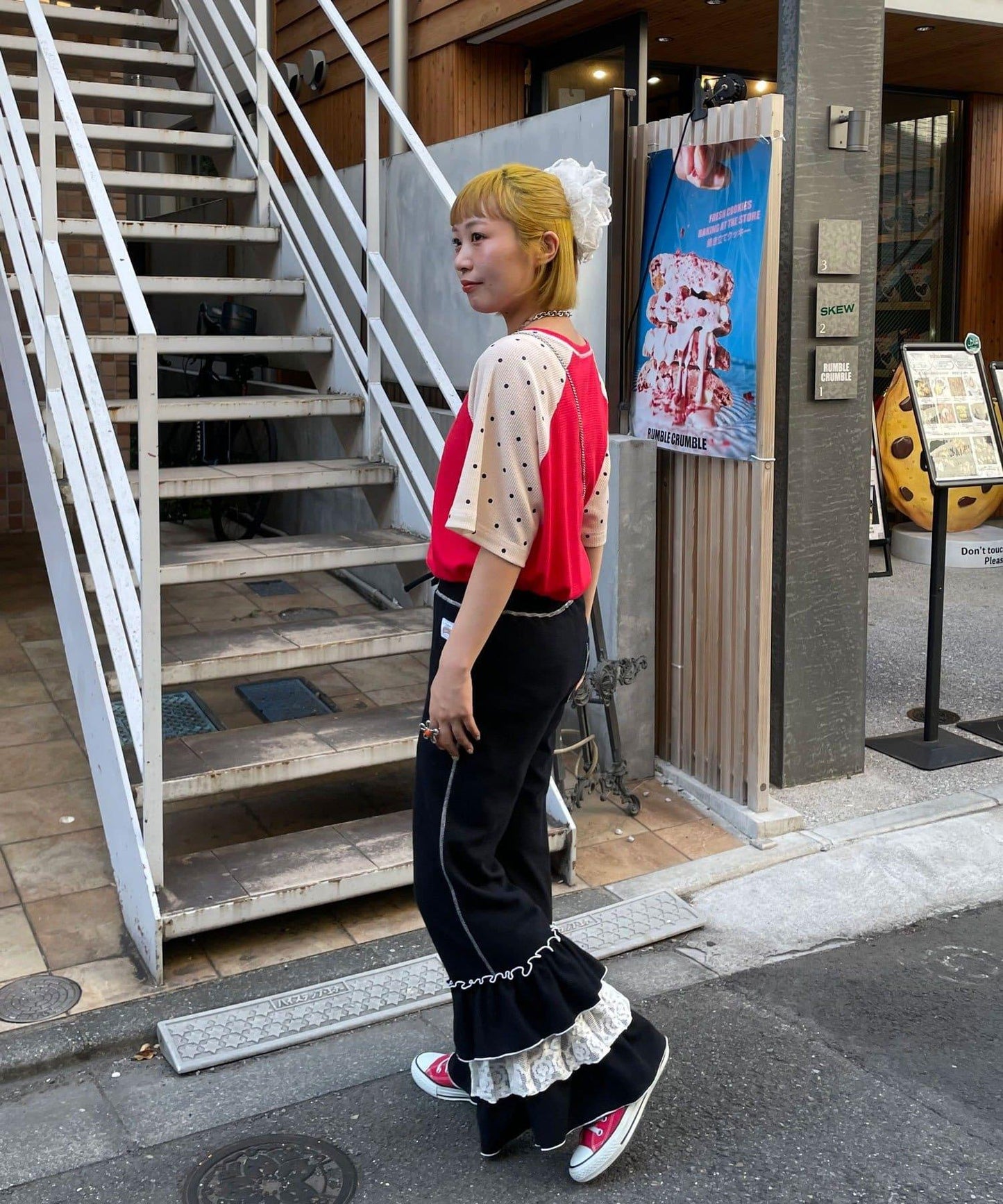 HELLO.SANFRANCISCO 蕾絲荷葉邊華夫格長褲