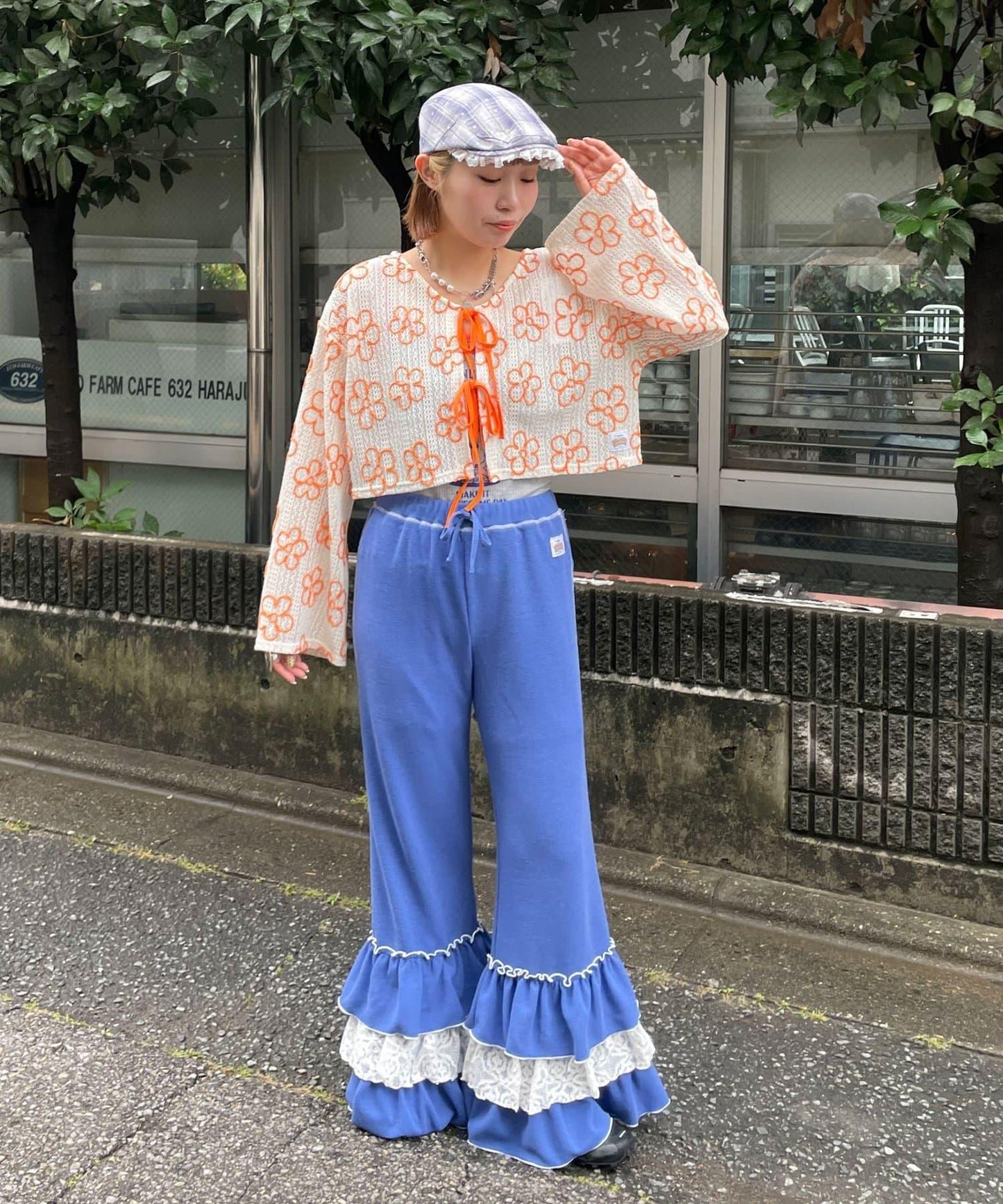 HELLO.SANFRANCISCO 蕾絲荷葉邊華夫格長褲