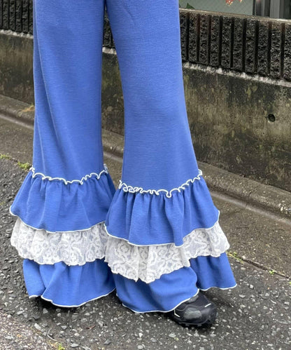 HELLO.SANFRANCISCO 蕾絲荷葉邊華夫格長褲