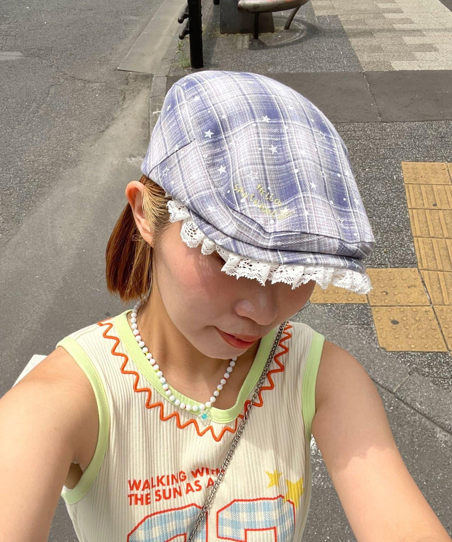 HELLO.SANFRANCISCO 星星格紋蕾絲拼接 鴨舌帽