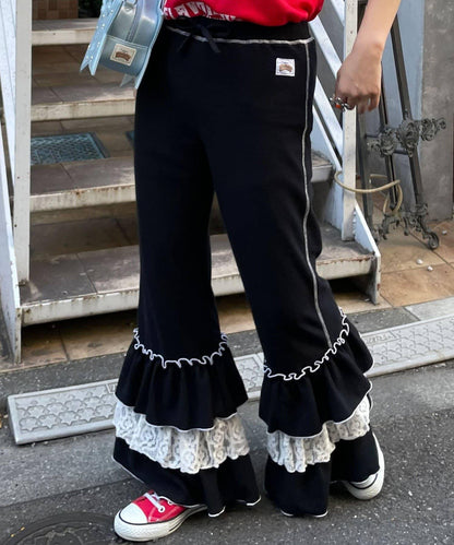 HELLO.SANFRANCISCO 蕾絲荷葉邊華夫格長褲
