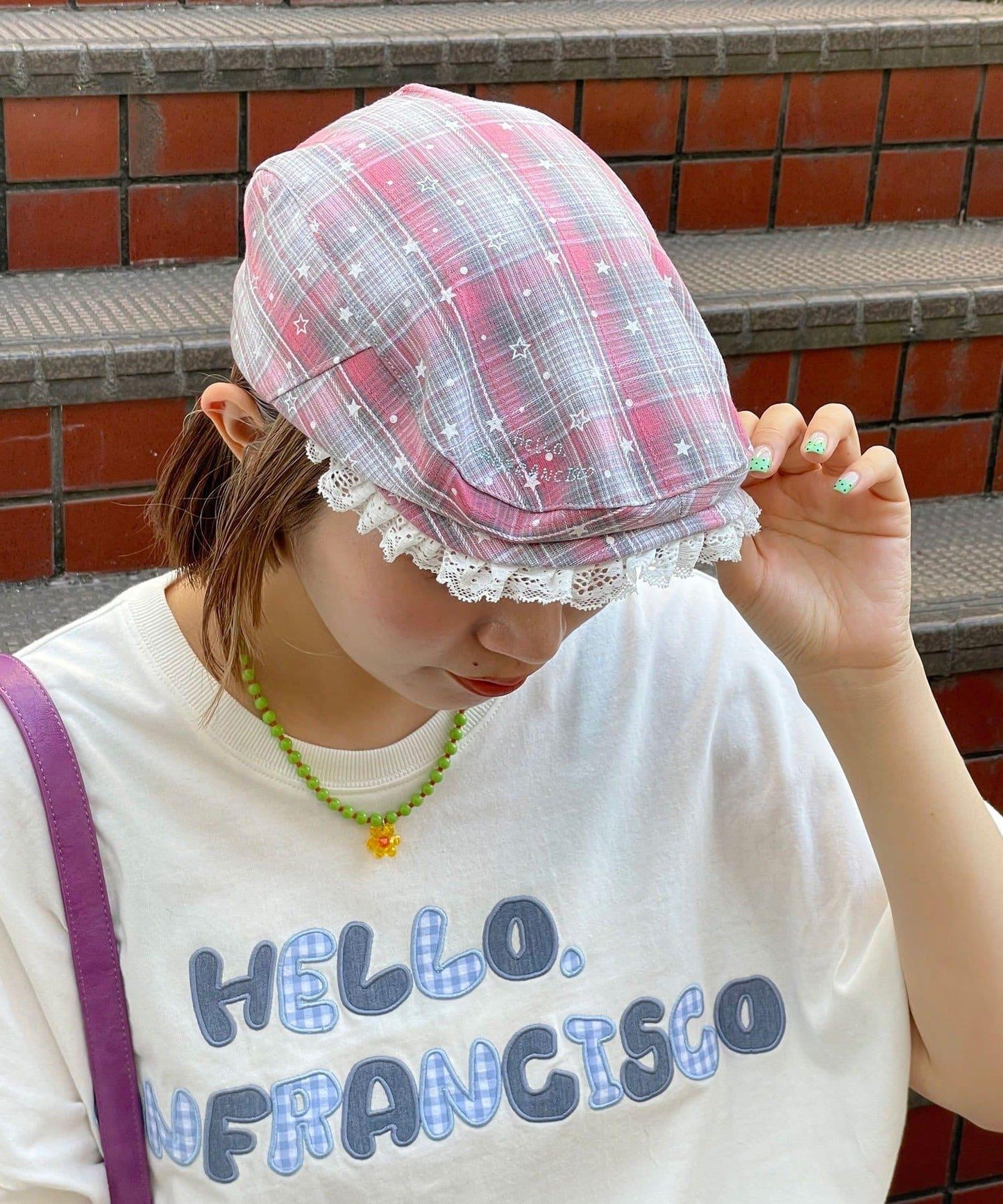 HELLO.SANFRANCISCO 星星格紋蕾絲拼接 鴨舌帽