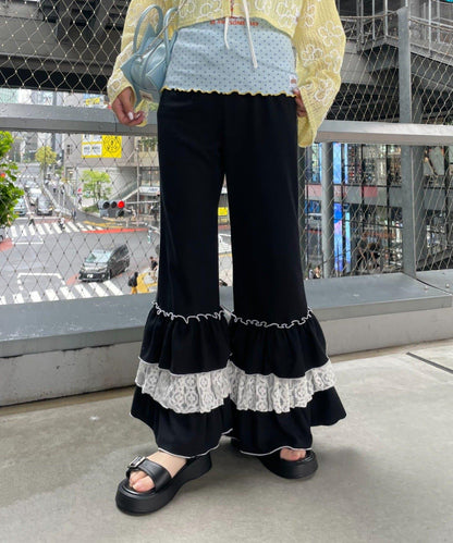 HELLO.SANFRANCISCO 蕾絲荷葉邊華夫格長褲