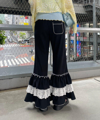 HELLO.SANFRANCISCO 蕾絲荷葉邊華夫格長褲