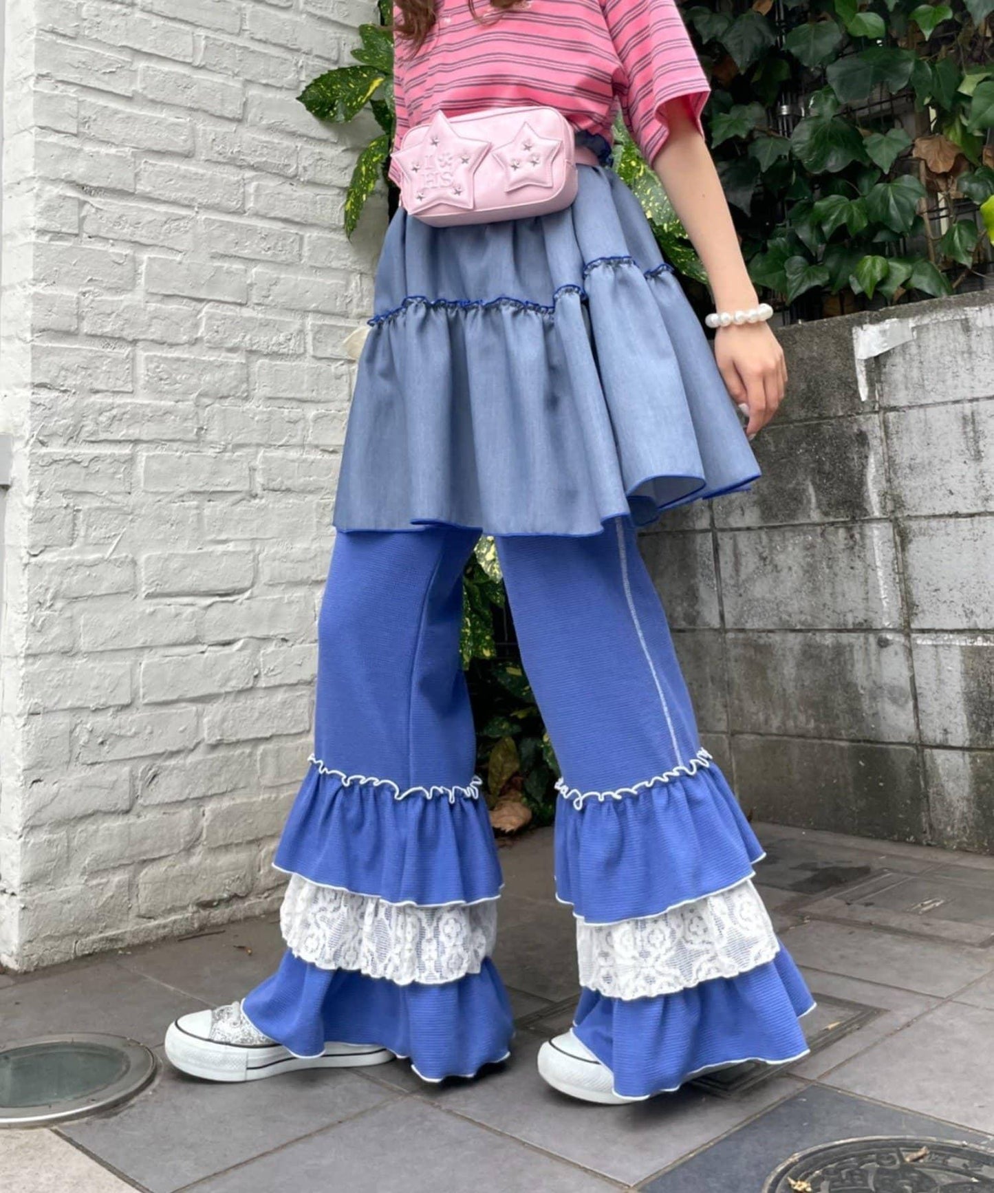 HELLO.SANFRANCISCO 蕾絲荷葉邊華夫格長褲