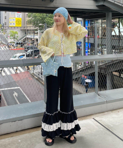 HELLO.SANFRANCISCO 蕾絲荷葉邊華夫格長褲