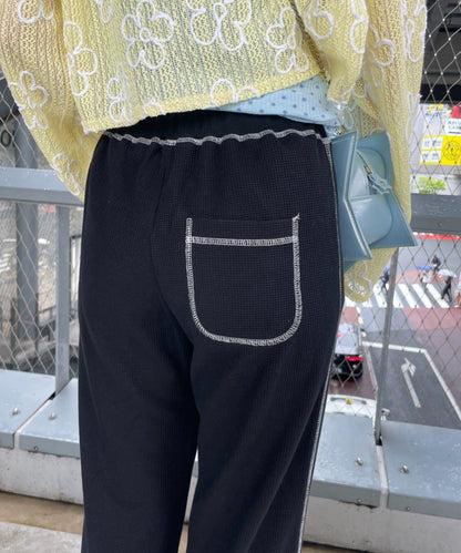 HELLO.SANFRANCISCO 蕾絲荷葉邊華夫格長褲