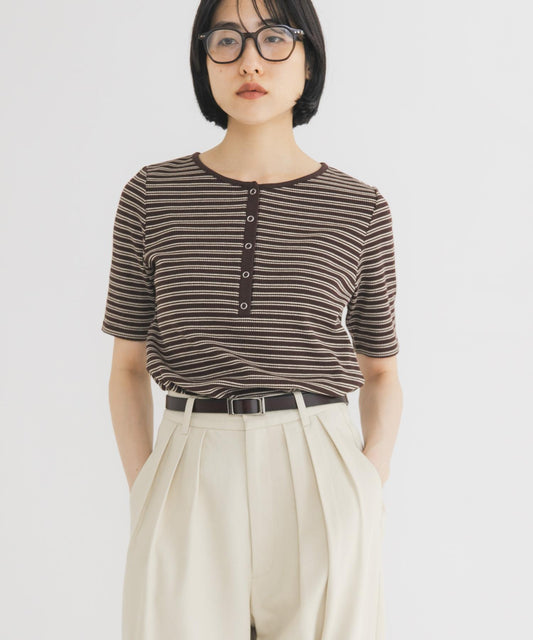 ワッフルボーダーヘンリネックTEE