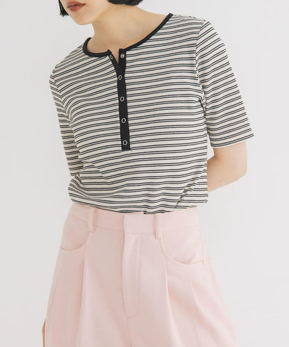 ワッフルボーダーヘンリネックTEE