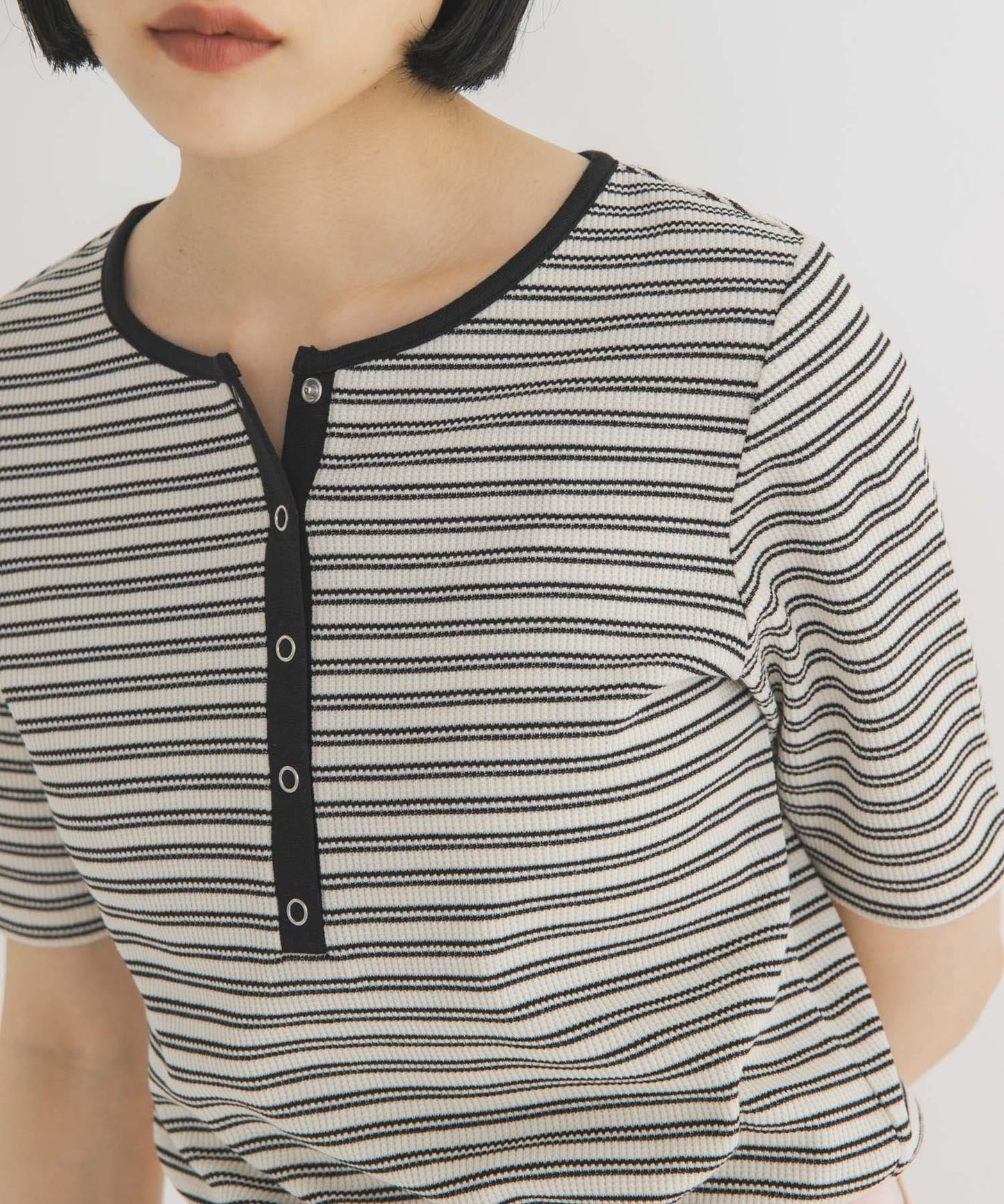ワッフルボーダーヘンリネックTEE