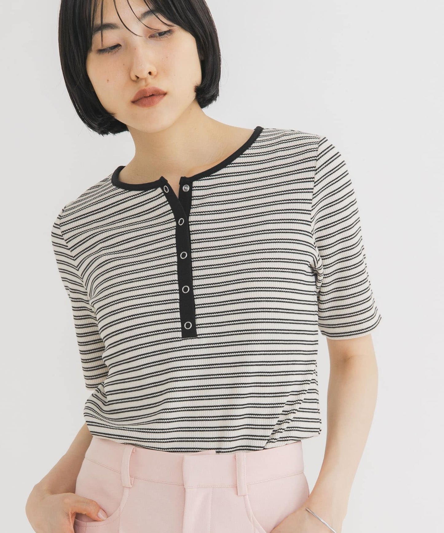 ワッフルボーダーヘンリネックTEE