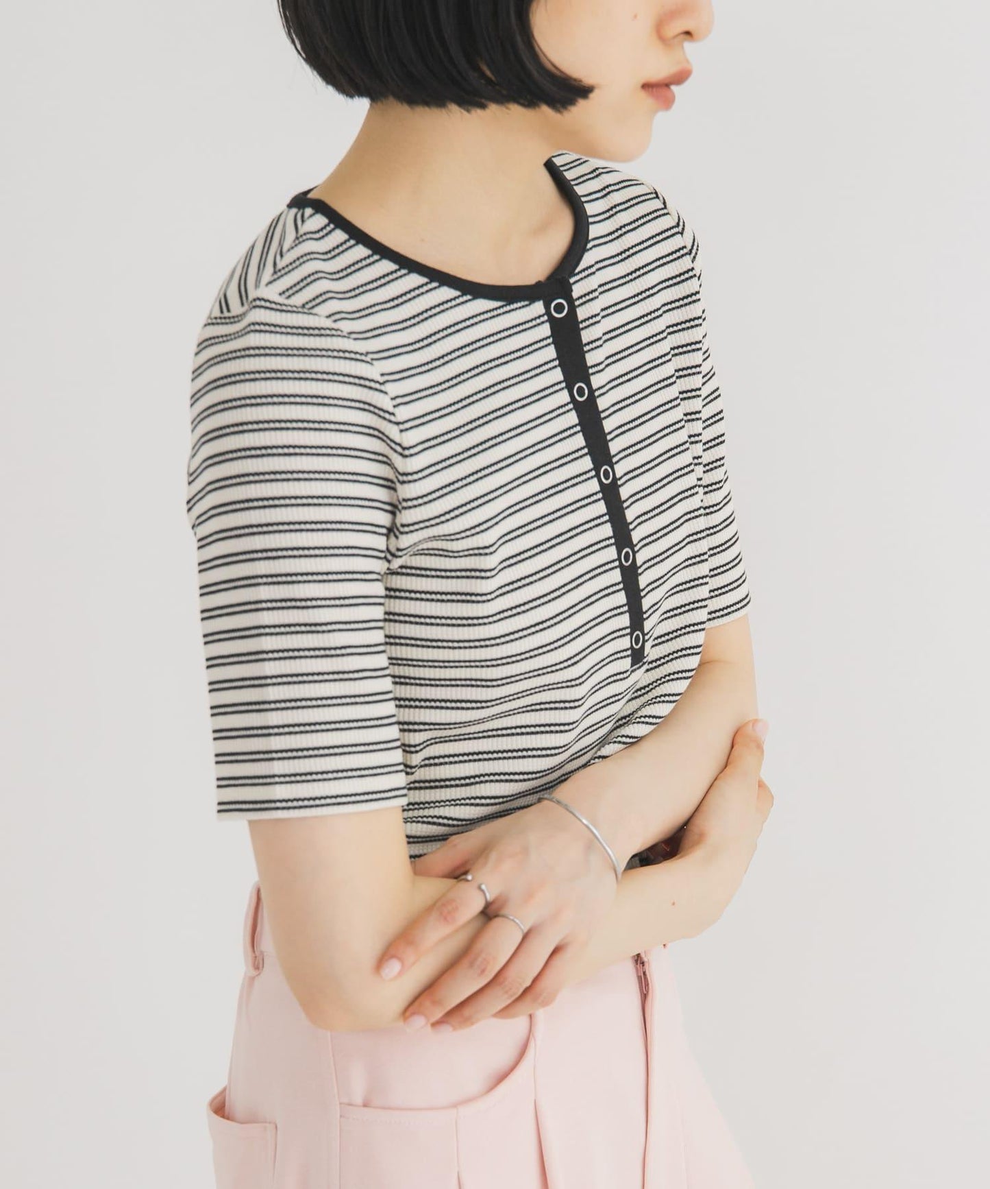 ワッフルボーダーヘンリネックTEE