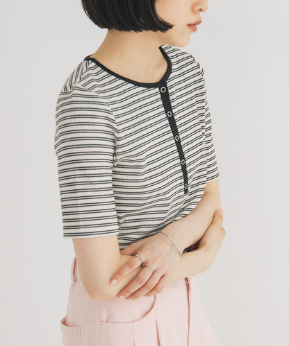 ワッフルボーダーヘンリネックTEE