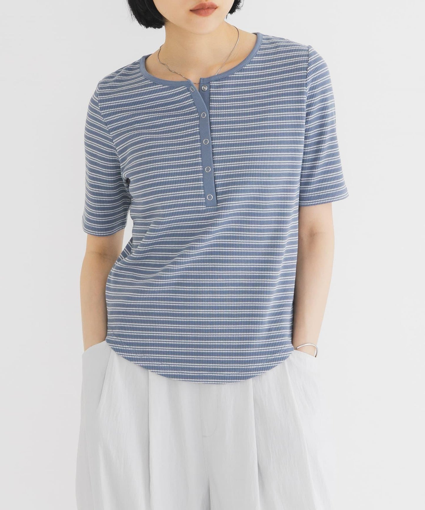 ワッフルボーダーヘンリネックTEE