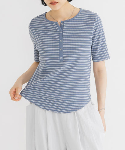 ワッフルボーダーヘンリネックTEE