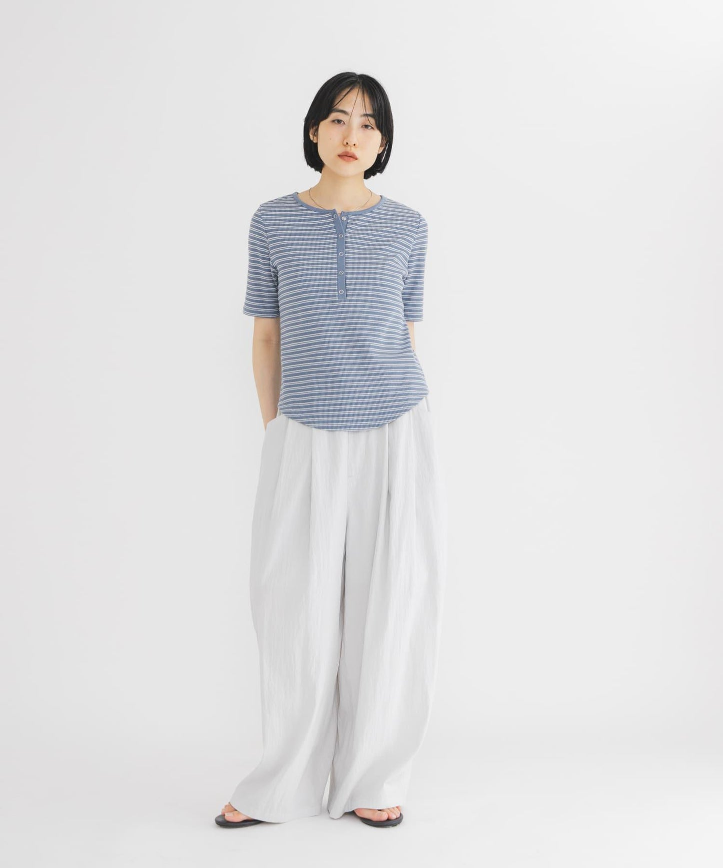 ワッフルボーダーヘンリネックTEE