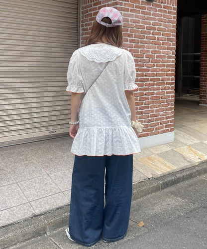HELLO.SANFRANCISCO 荷葉邊蕾絲短袖罩衫