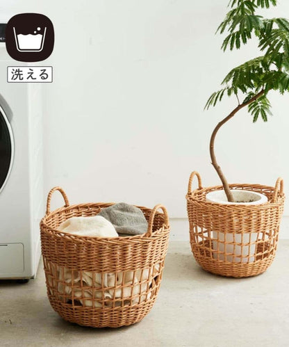 洗える 持ち手付きラウンドバスケット L