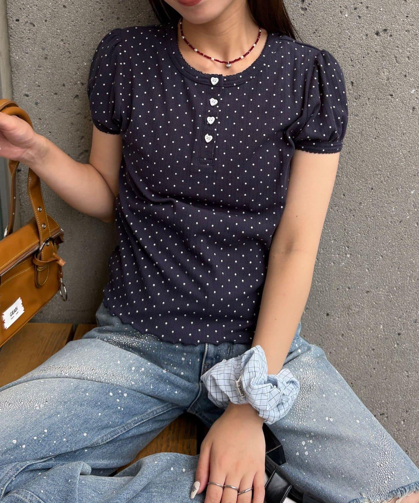 【WEB限定】ドットパフスリーブヘンリーネックTEE