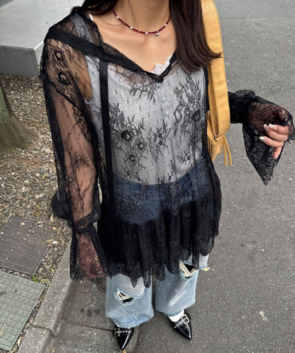 蕾絲連帽罩衫
