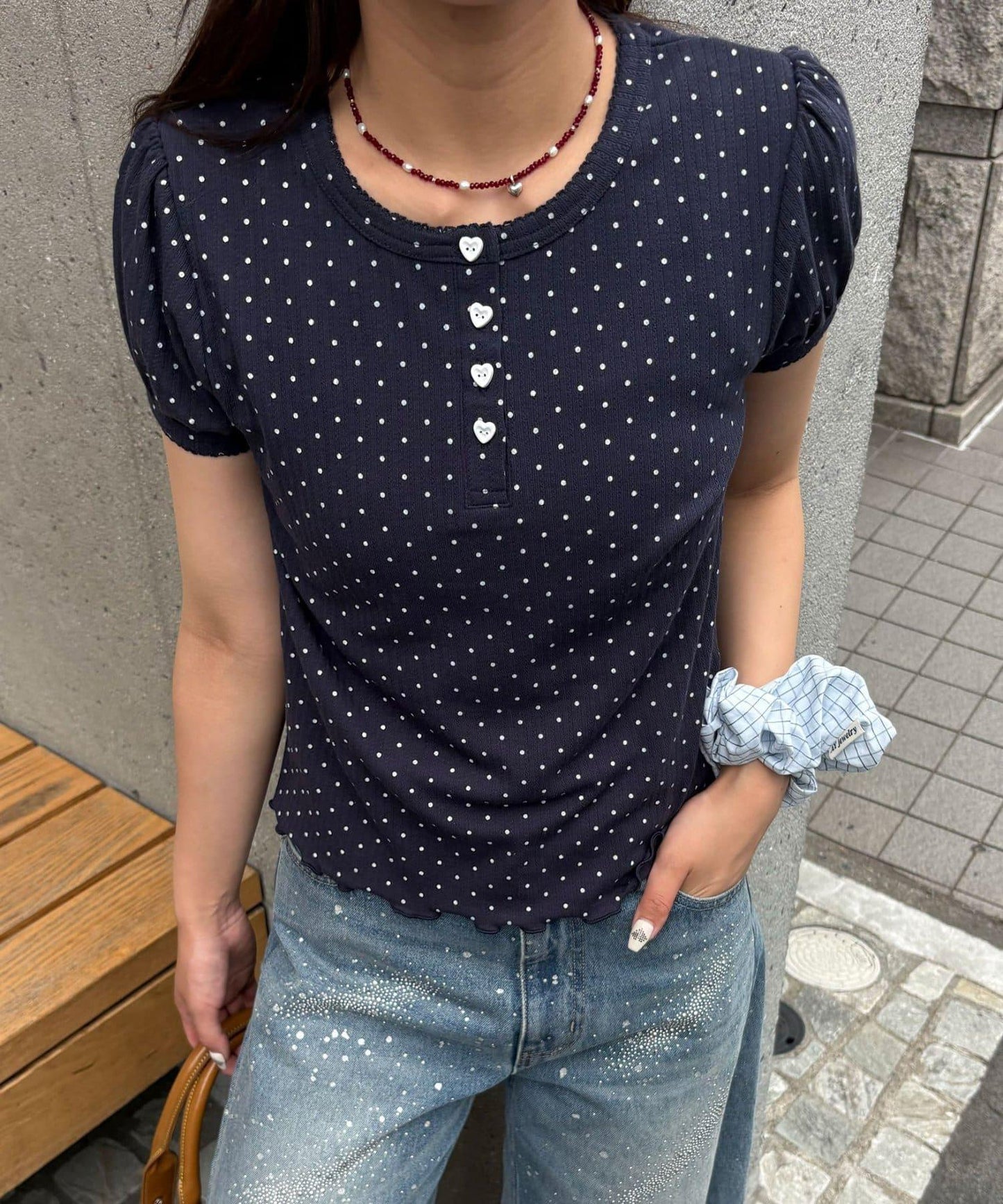 【WEB限定】ドットパフスリーブヘンリーネックTEE