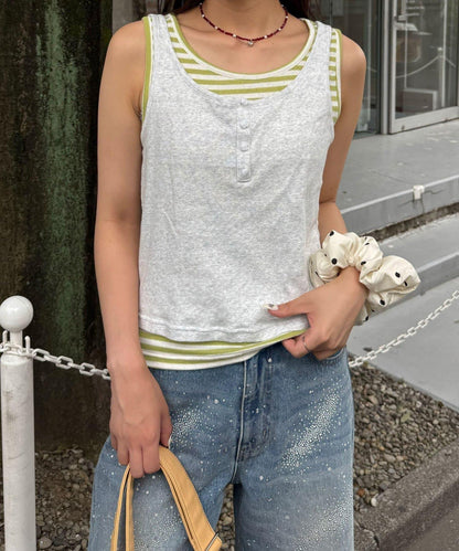 【2点SET】ローズボタンボーダーレイヤードタンク