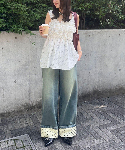 波點/純色 褶皺收腰無袖上衣